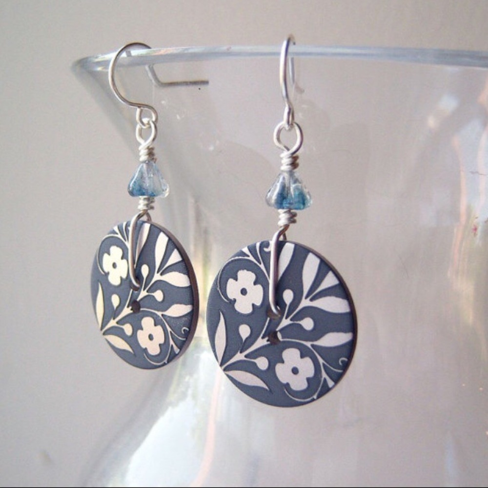 Blue & Silver Flower Wire Wrapped Button Earrings