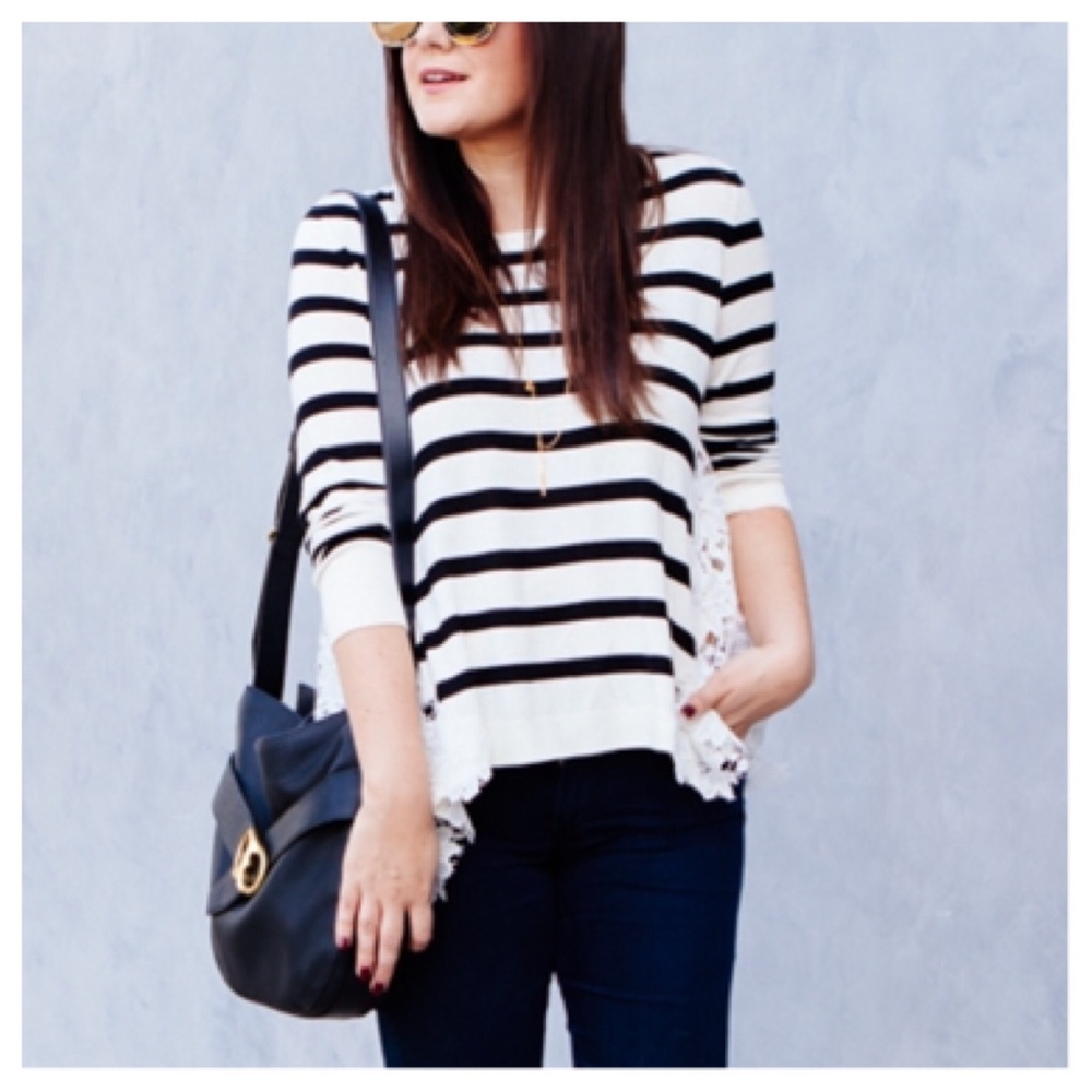 NWOT Black White Striped Lace Open Back Sweater S