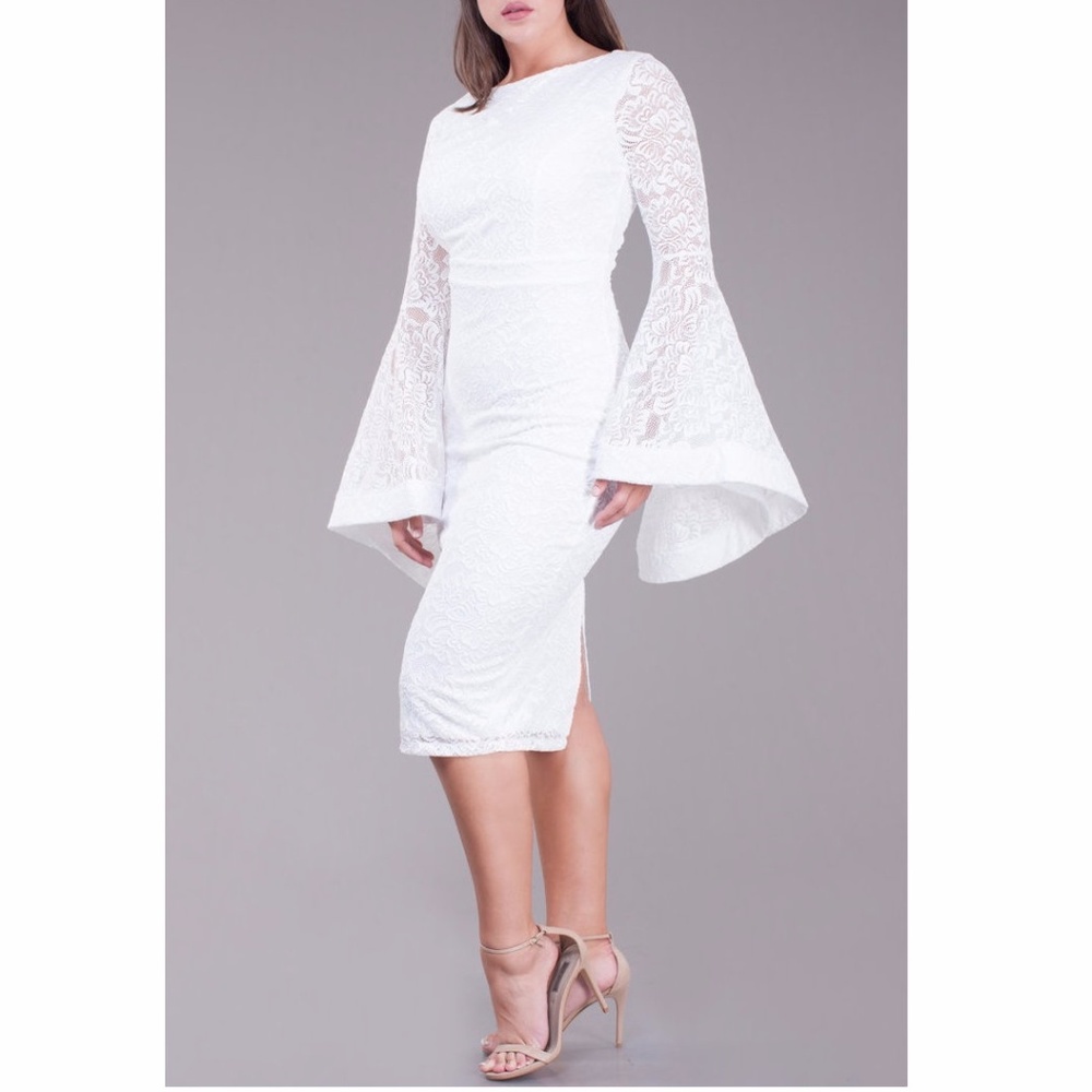 Plus Size Crochet Lace Wide Bell Sleeve Bodycon Dress Ivory White - Picture 6 of 6