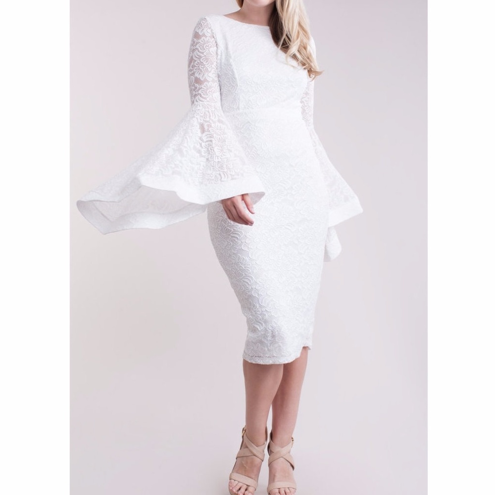 Plus Size Crochet Lace Wide Bell Sleeve Bodycon Dress Ivory White - Picture 4 of 6