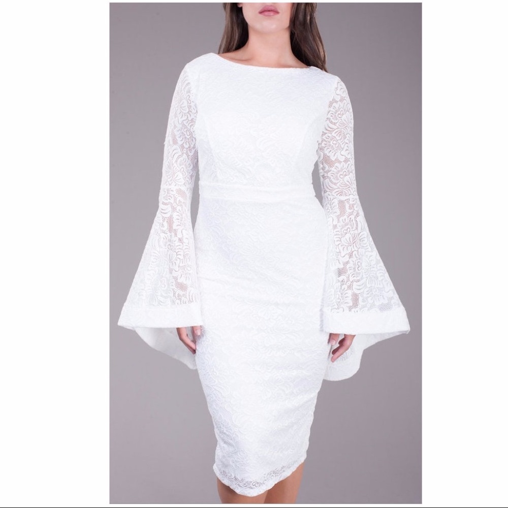 Plus Size Crochet Lace Wide Bell Sleeve Bodycon Dress Ivory White - Picture 3 of 6