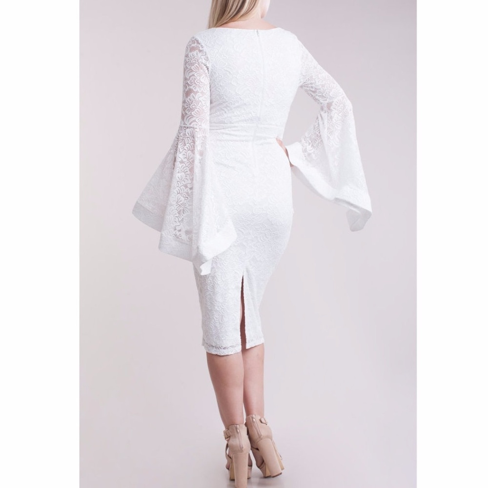 Plus Size Crochet Lace Wide Bell Sleeve Bodycon Dress Ivory White - Picture 5 of 6