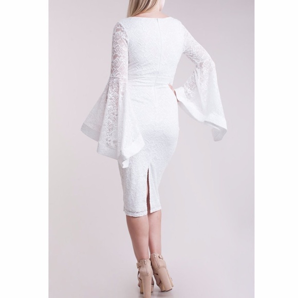 Plus Size Crochet Lace Wide Bell Sleeve Bodycon Dress Ivory White - Picture 5 of 6
