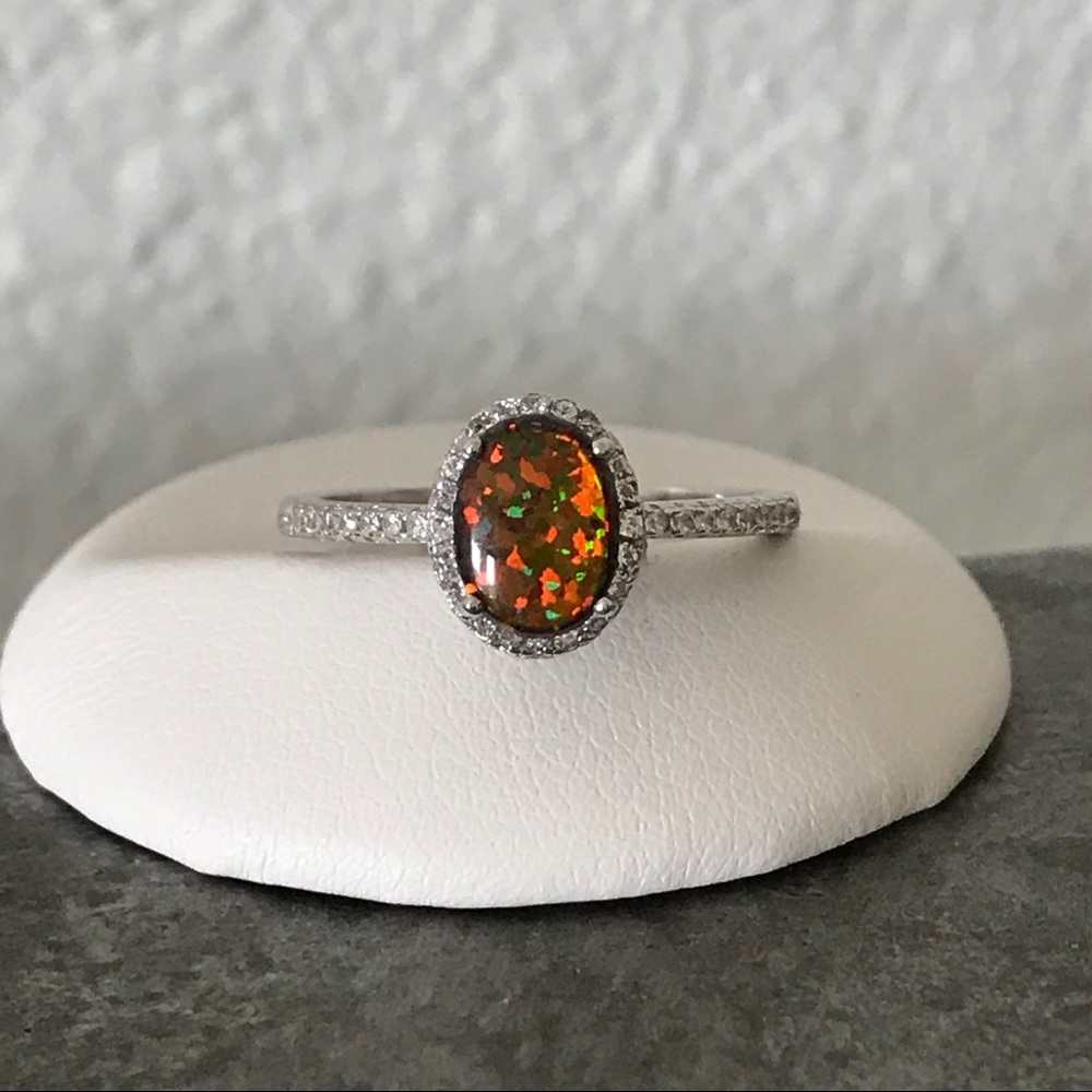 Sterling Silver Oval Black Lab Opal Ring with CZ, Engagement Rings, Wedding Ring