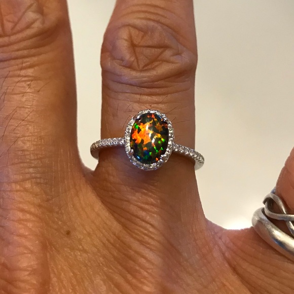 Sterling Silver Oval Black Lab Opal Ring with CZ, Engagement Rings, Wedding Ring - Picture 2 of 8