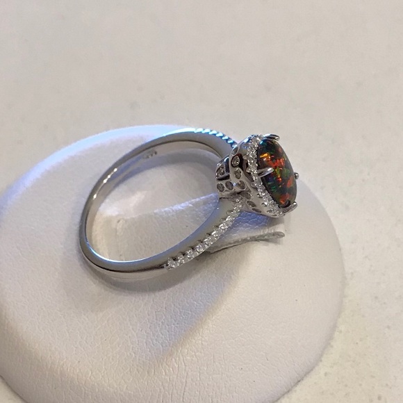 Sterling Silver Oval Black Lab Opal Ring with CZ, Engagement Rings, Wedding Ring - Picture 3 of 8