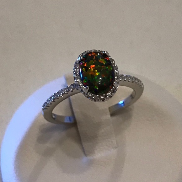 Sterling Silver Oval Black Lab Opal Ring with CZ, Engagement Rings, Wedding Ring - Picture 8 of 8