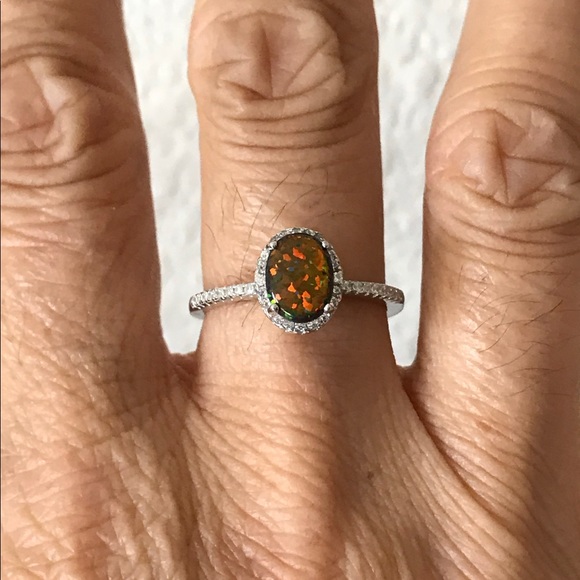 Sterling Silver Oval Black Lab Opal Ring with CZ, Engagement Rings, Wedding Ring - Picture 7 of 8