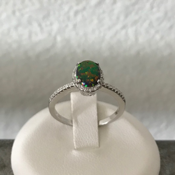 Sterling Silver Oval Black Lab Opal Ring with CZ, Engagement Rings, Wedding Ring - Picture 5 of 8