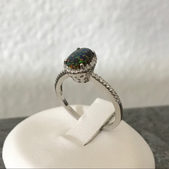 Sterling Silver Oval Black Lab Opal Ring with CZ, Engagement Rings, Wedding Ring - Picture 4 of 8