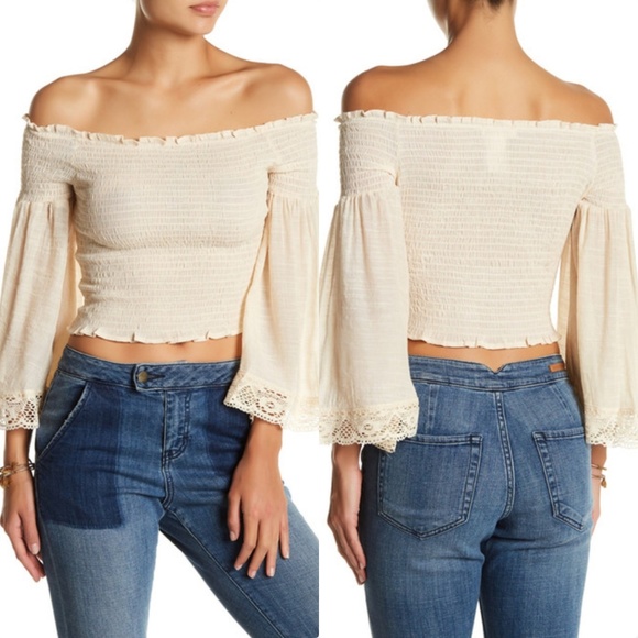 Shirred Off Shoulder Top with Bell Sleeves - Picture 1 of 7