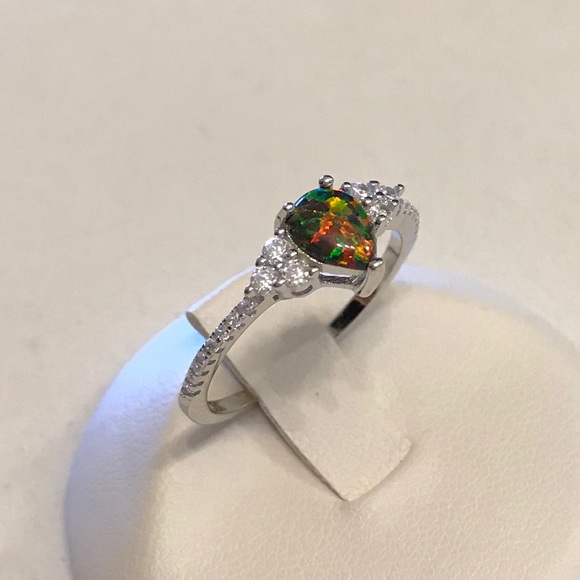 Sterling Silver Teardrop Black Lab Opal Ring with CZ, Silver Rings, Stone Ring - Picture 3 of 8