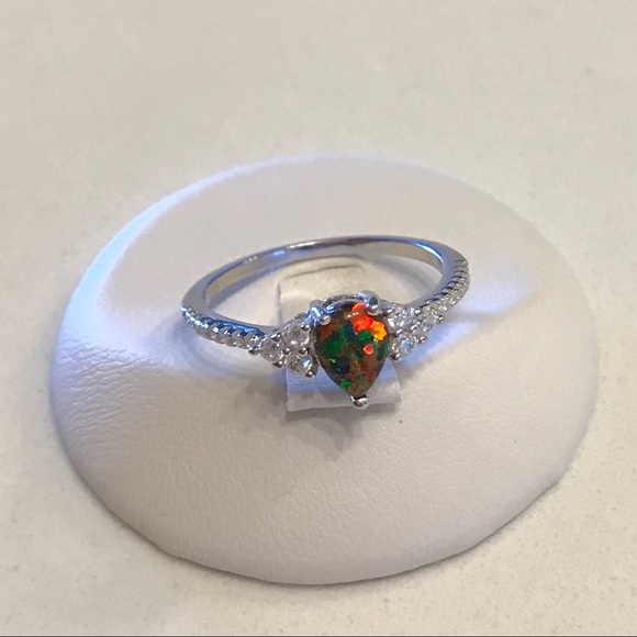 Sterling Silver Teardrop Black Lab Opal Ring with CZ, Silver Rings, Stone Ring - Picture 4 of 8