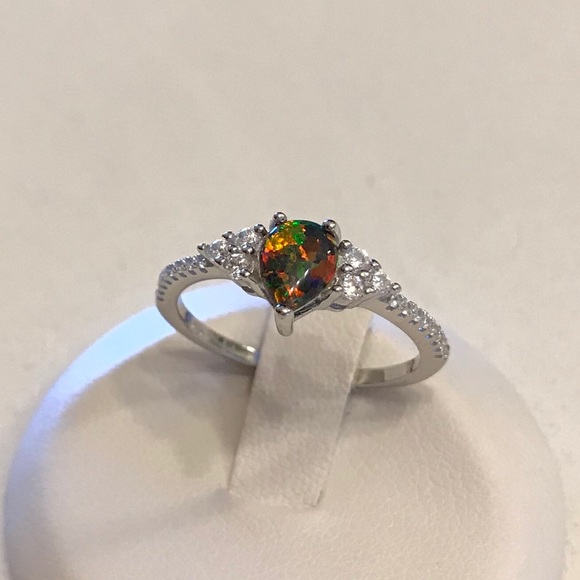 Sterling Silver Teardrop Black Lab Opal Ring with CZ, Silver Rings, Stone Ring - Picture 5 of 8