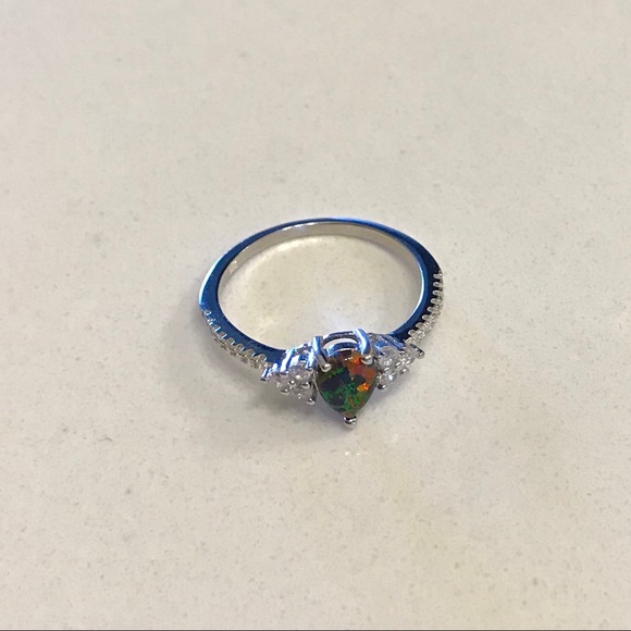 Sterling Silver Teardrop Black Lab Opal Ring with CZ, Silver Rings, Stone Ring - Picture 7 of 8