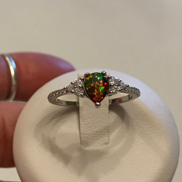 Sterling Silver Teardrop Black Lab Opal Ring with CZ, Silver Rings, Stone Ring - Picture 8 of 8