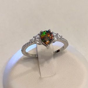 Sterling Silver Teardrop Black Lab Opal Ring with CZ, Silver Rings, Stone Ring