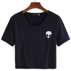 Crew Neck Alien Print Crop Top