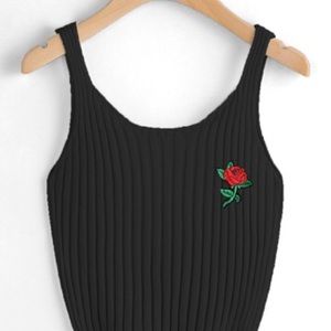 Rose Embroidered Patch Ribbed Top