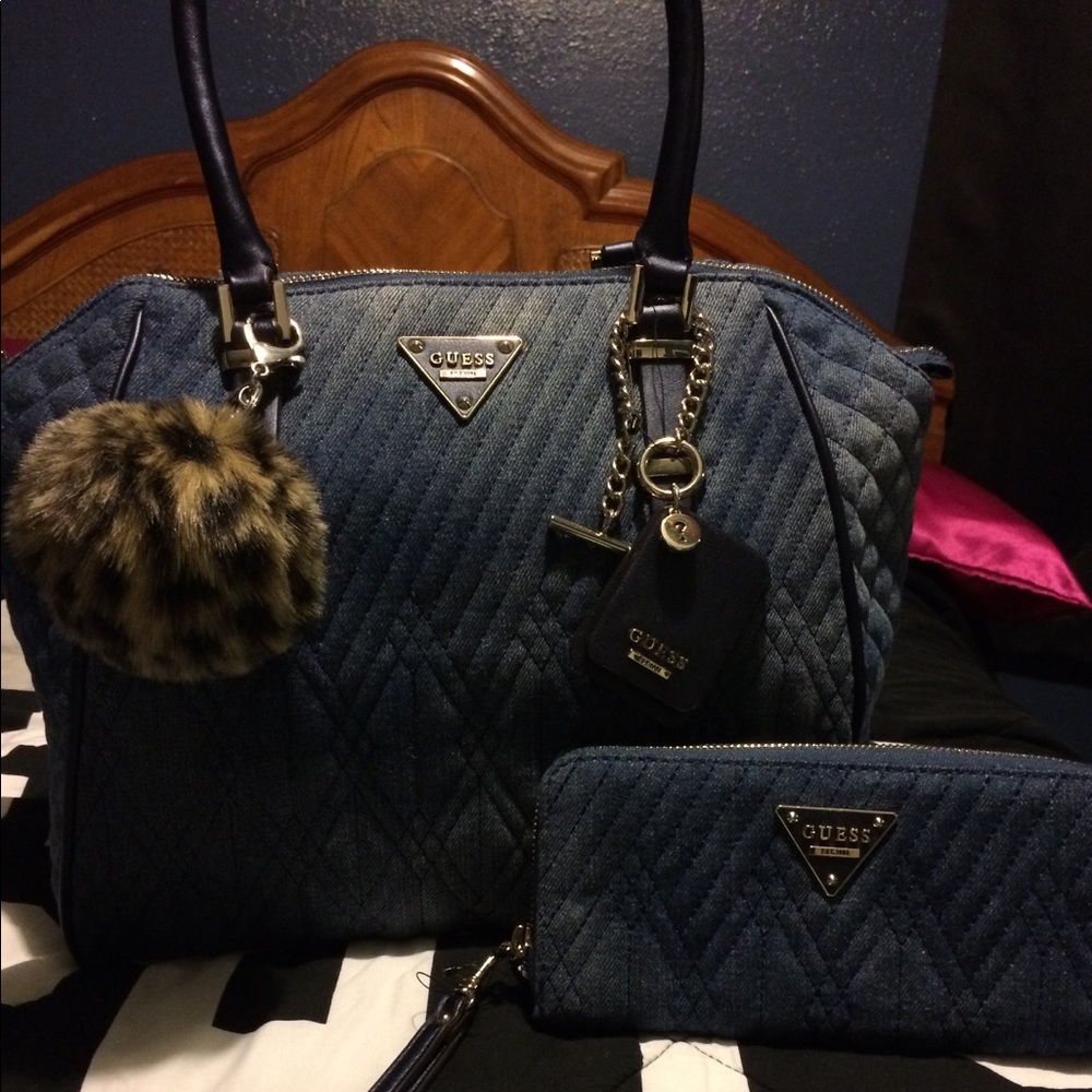 Guess "Marisole" quilted denim satchel set