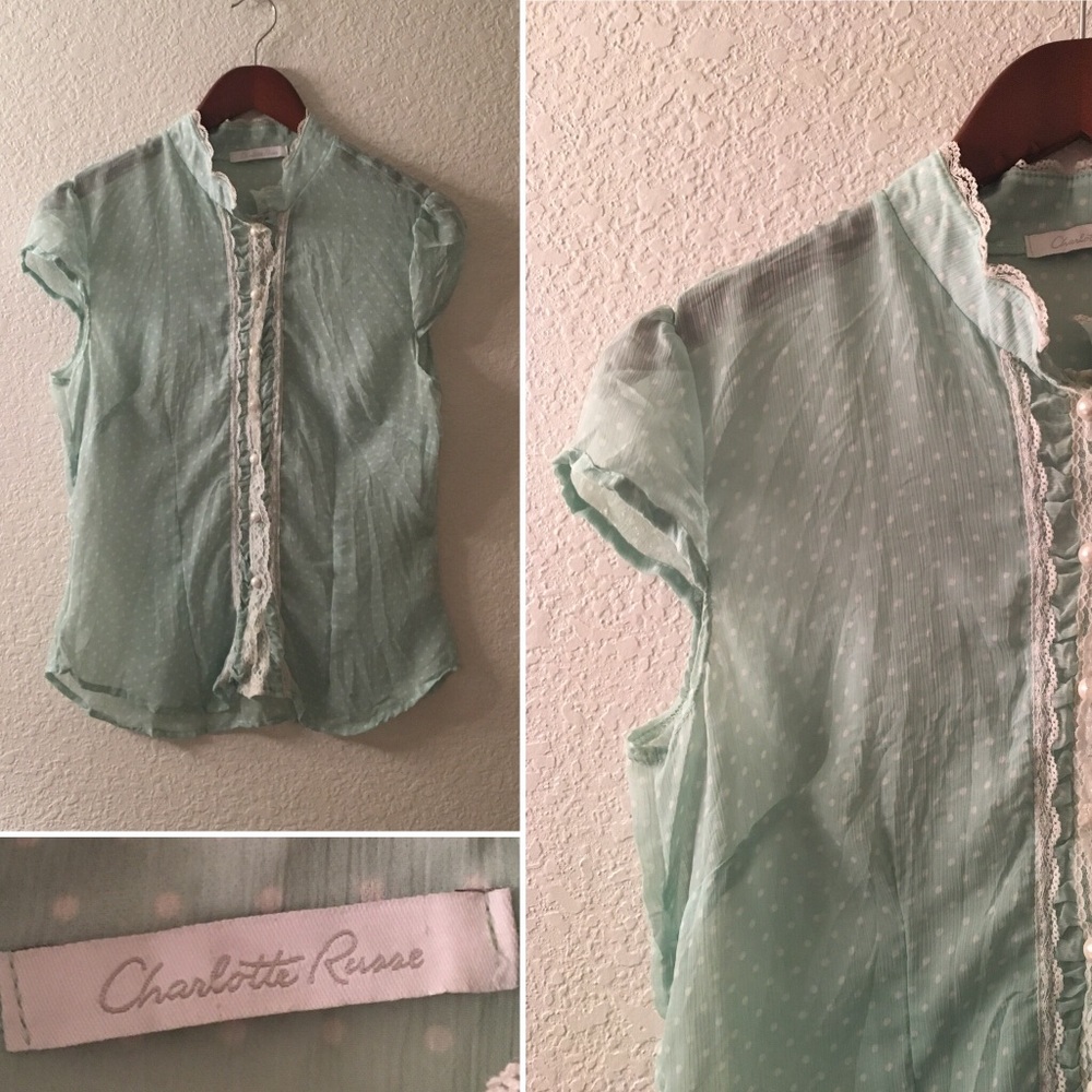 CHARLOTTE RUSSE blouse sheer button up polka dot