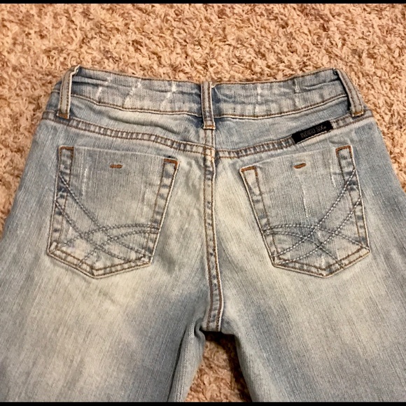 Indigo Six Distressed Straight Leg Jeans; size 0 - Picture 2 of 4