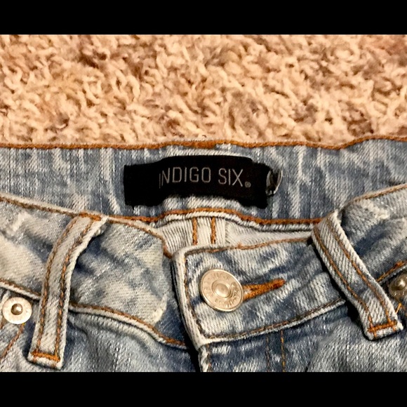 Indigo Six Distressed Straight Leg Jeans; size 0 - Picture 3 of 4