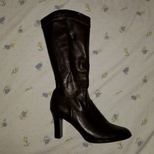 Brown faux leather mid calf boots
