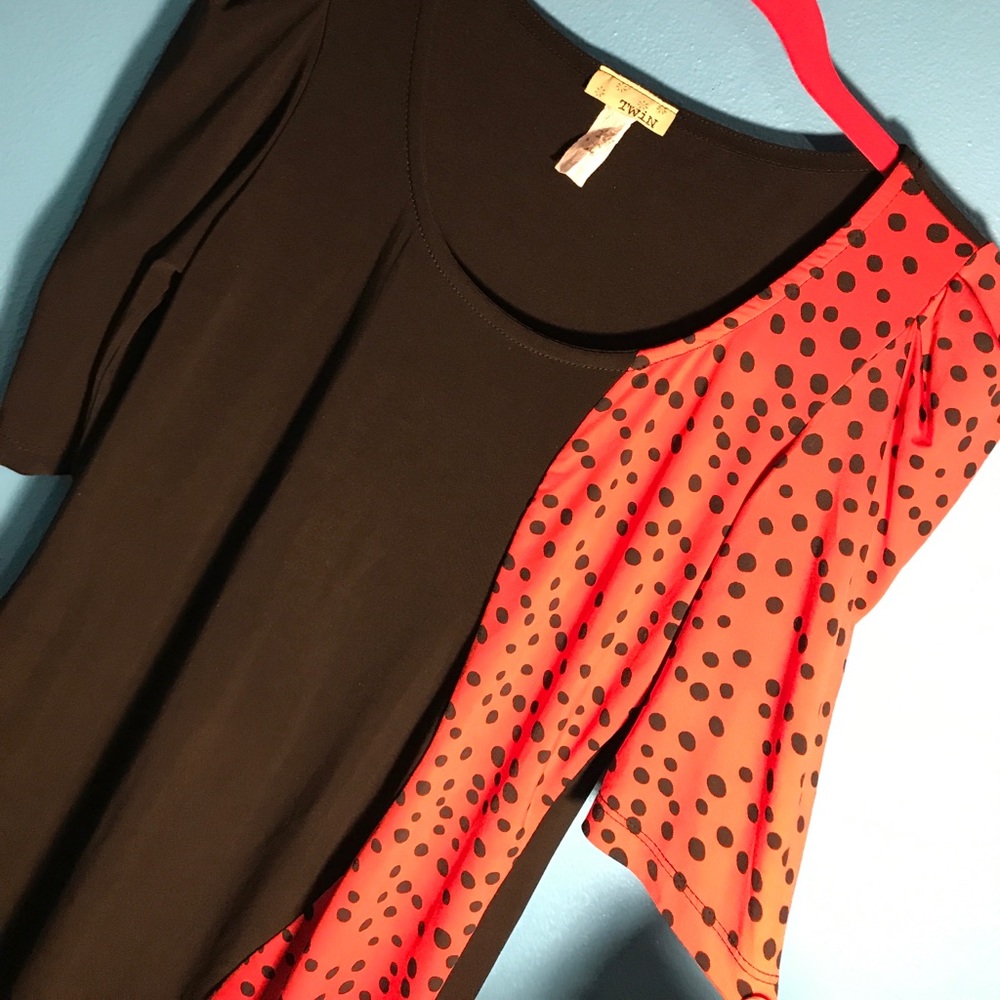 Twin color block 3/4 sleeve polka dots print dress