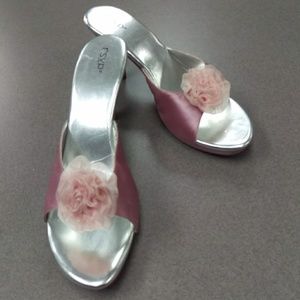 RSVP 11 pink satin like slides 3.5 inch heel
