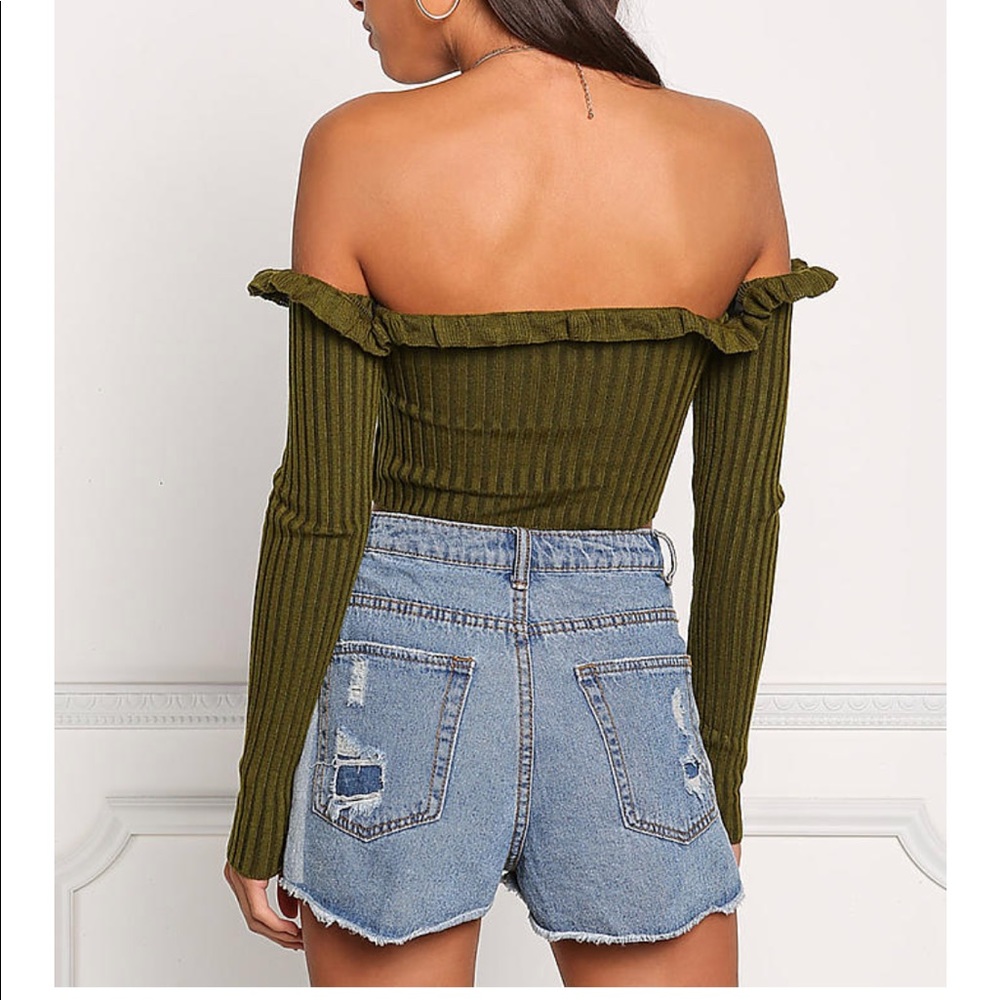 black knit off shoulder crop long sleeve top shirt - Picture 6 of 7