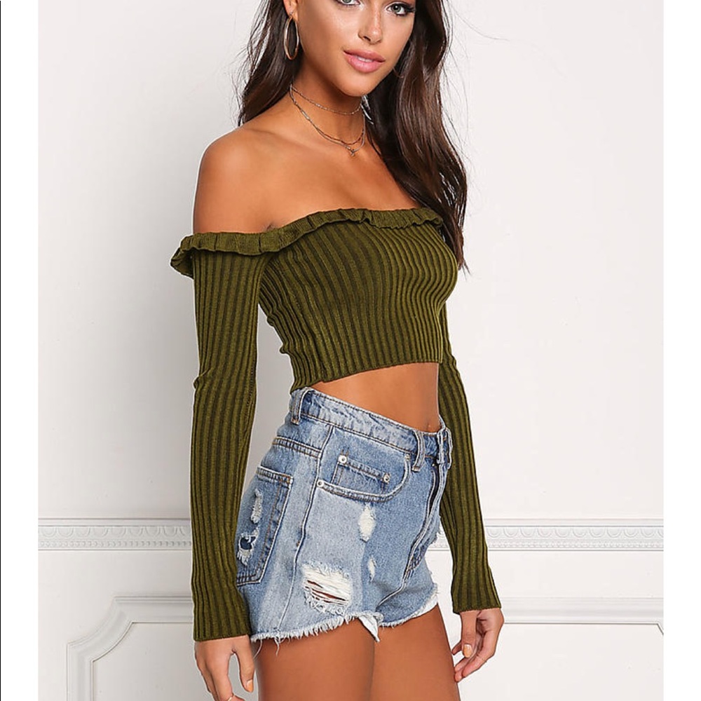 black knit off shoulder crop long sleeve top shirt - Picture 7 of 7