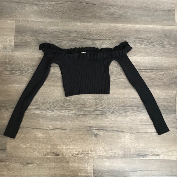 Tops - black knit off shoulder crop long sleeve top shirt