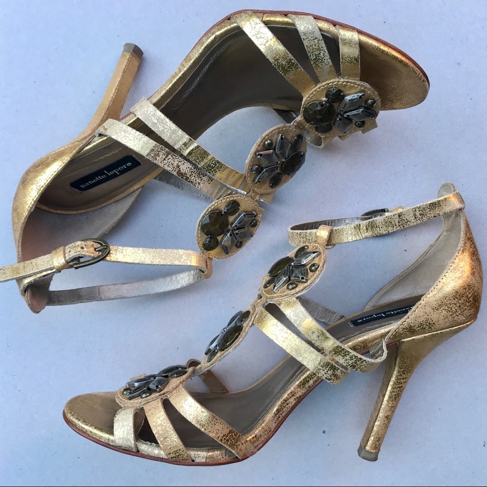 Nanette Lepore Gold Metallic Jewel Sandal Heel