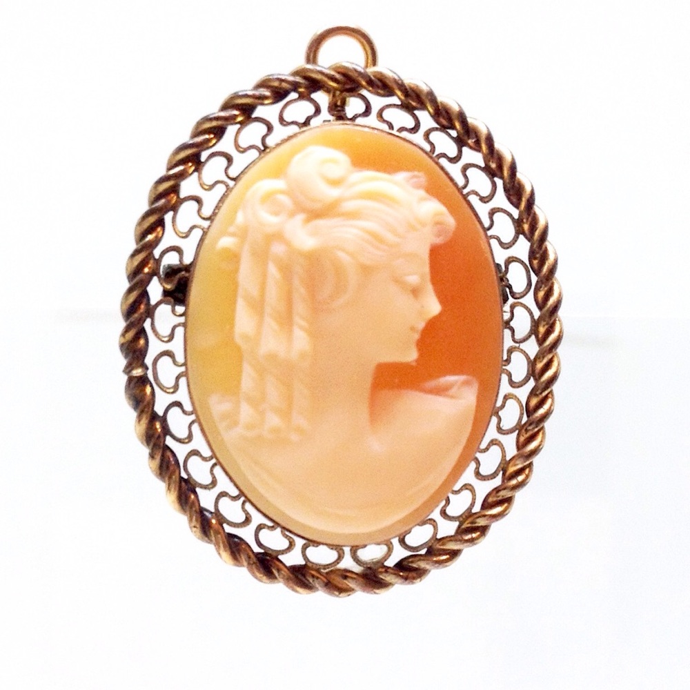 12k Gold Cameo Brooch Pin Necklace Combo. Vintage