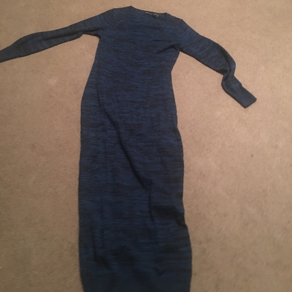 Blue v- neck sweater dress..has thin black stripes