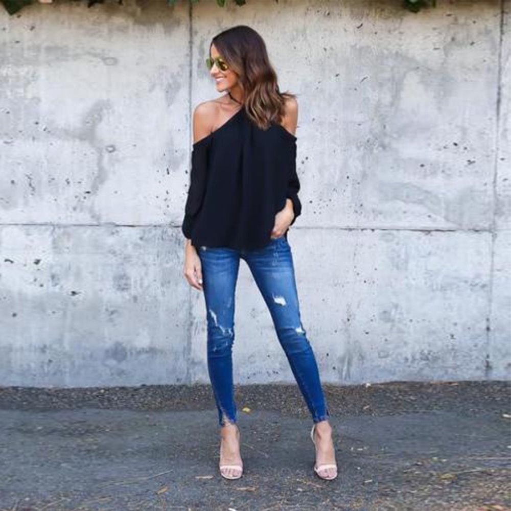 Off Shoulder Halter Long Sleeve Chiffon Blouse - Picture 2 of 5