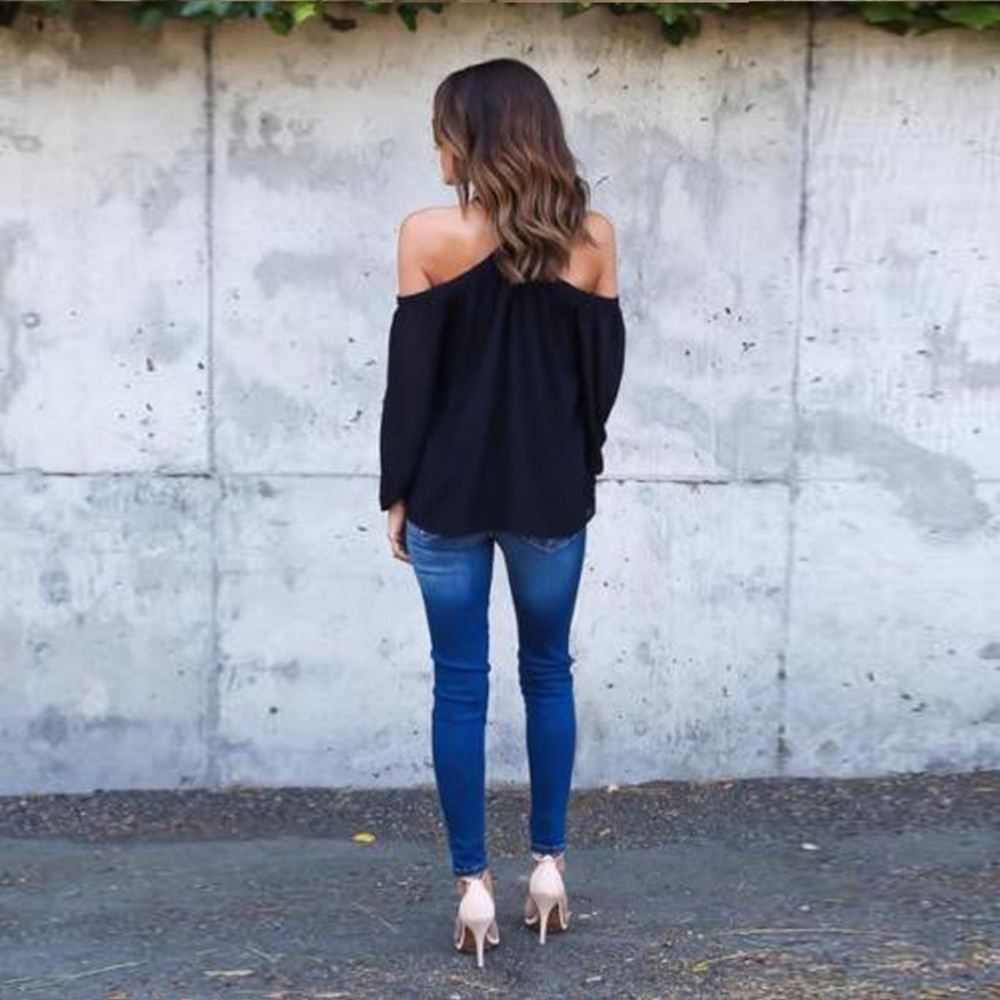 Off Shoulder Halter Long Sleeve Chiffon Blouse - Picture 3 of 5