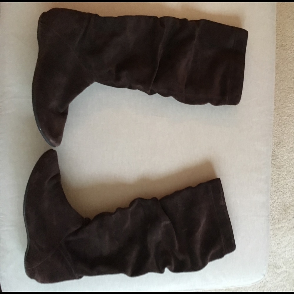 Brown suede flat knee high boots