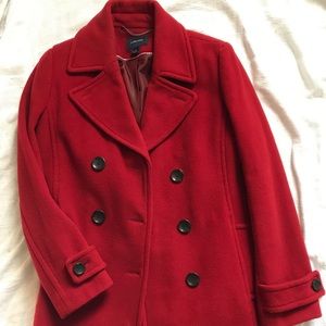 Lands End red wool double breasted pea coat size 8