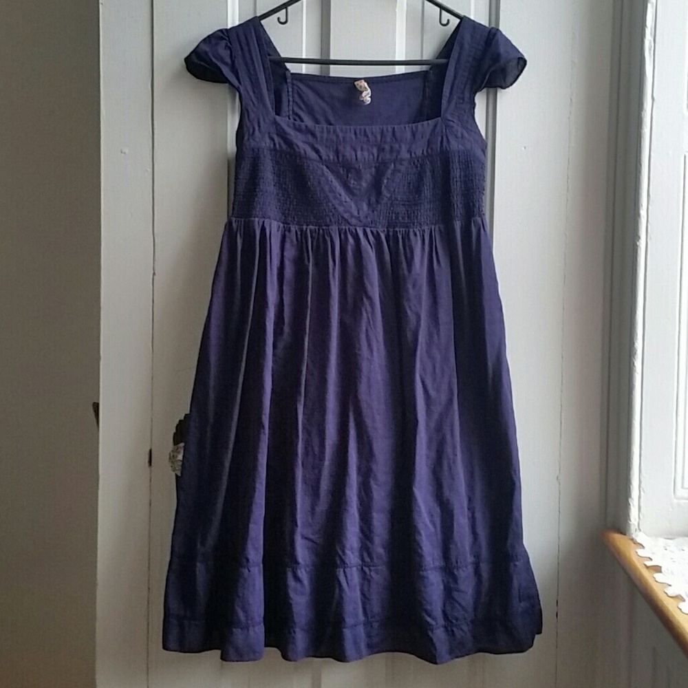 Navy blue cap sleeve empire waist cotton dress
