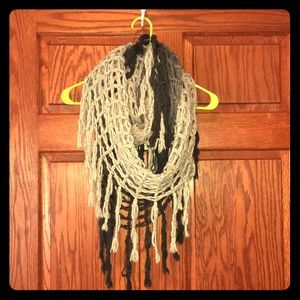 Ombré Grey Cable Knit Fringed Circle Scarf