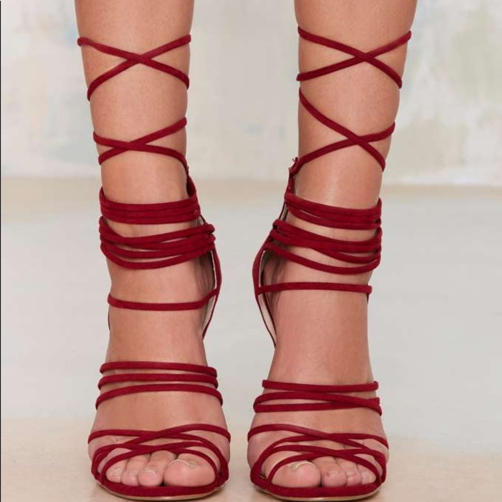 NastyGal Wrap Me Up Suede Heels in Burgundy