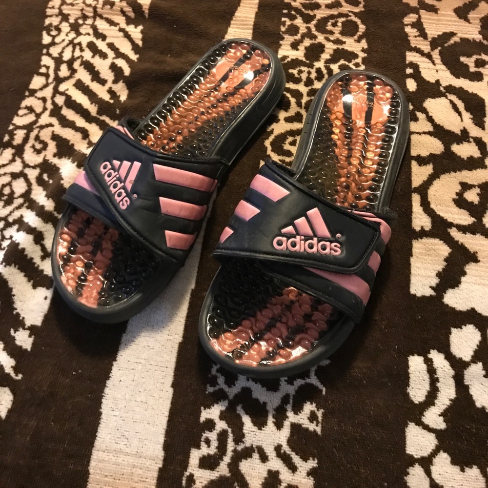Pink and black adidas sandals
