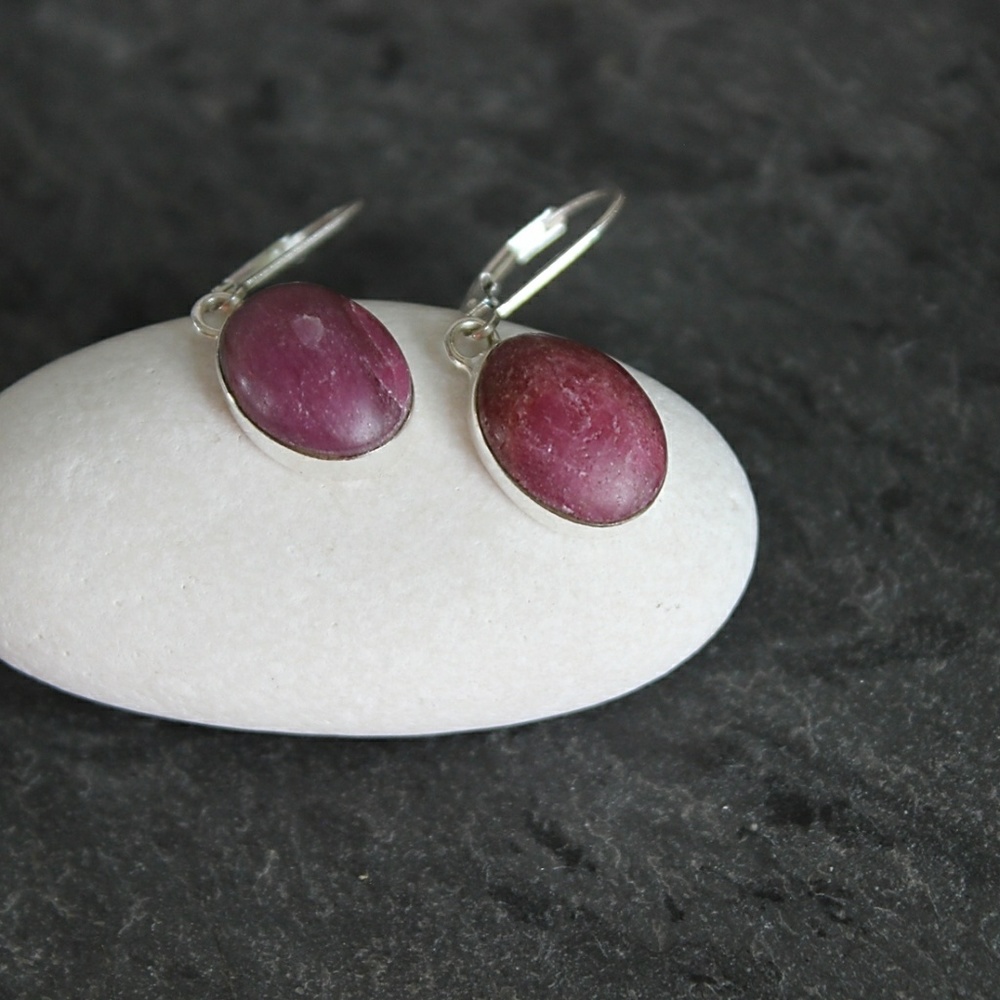 Raw Ruby Earrings, Sterling Silver, Leverback