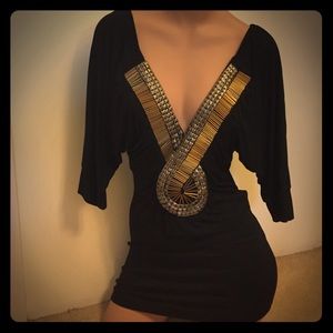Black, Gold and Silver Embellished V-Neck Top