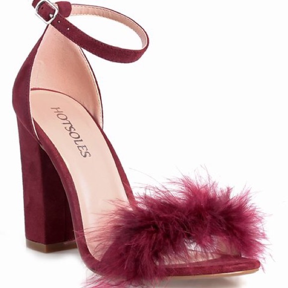 Furry Burgundy Wine Strappy Minimalist Heels - Picture 2 of 4
