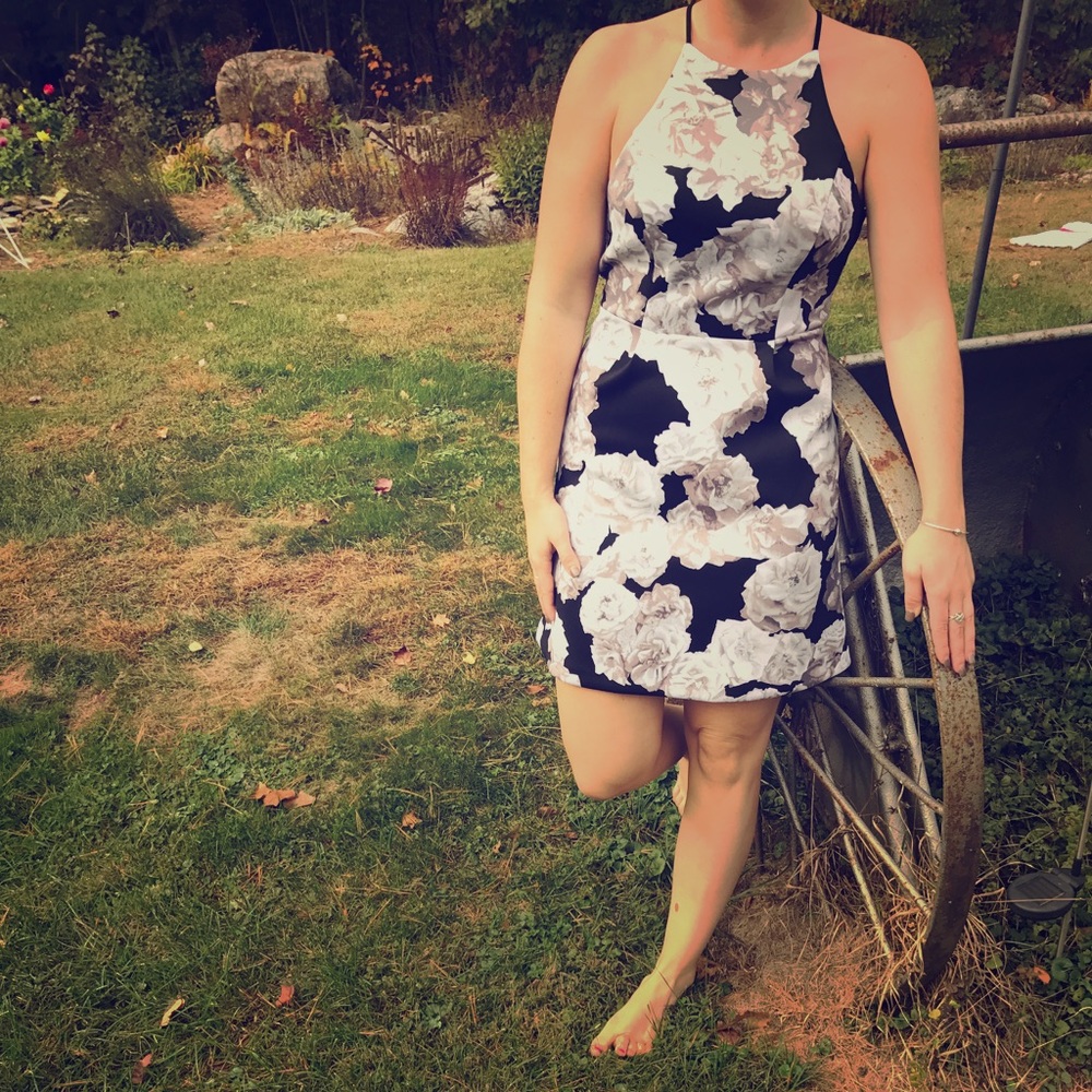 Black Floral Exposed Zipper Dress