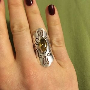 Long silver ring with citrine stone size 7