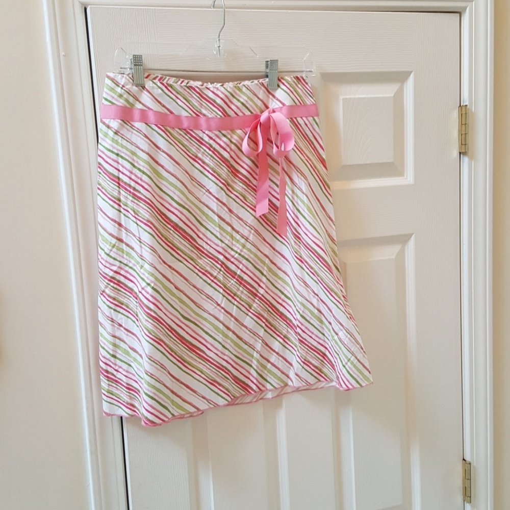 Preppy Pink &Green Cotton Skirt with Pink Bow